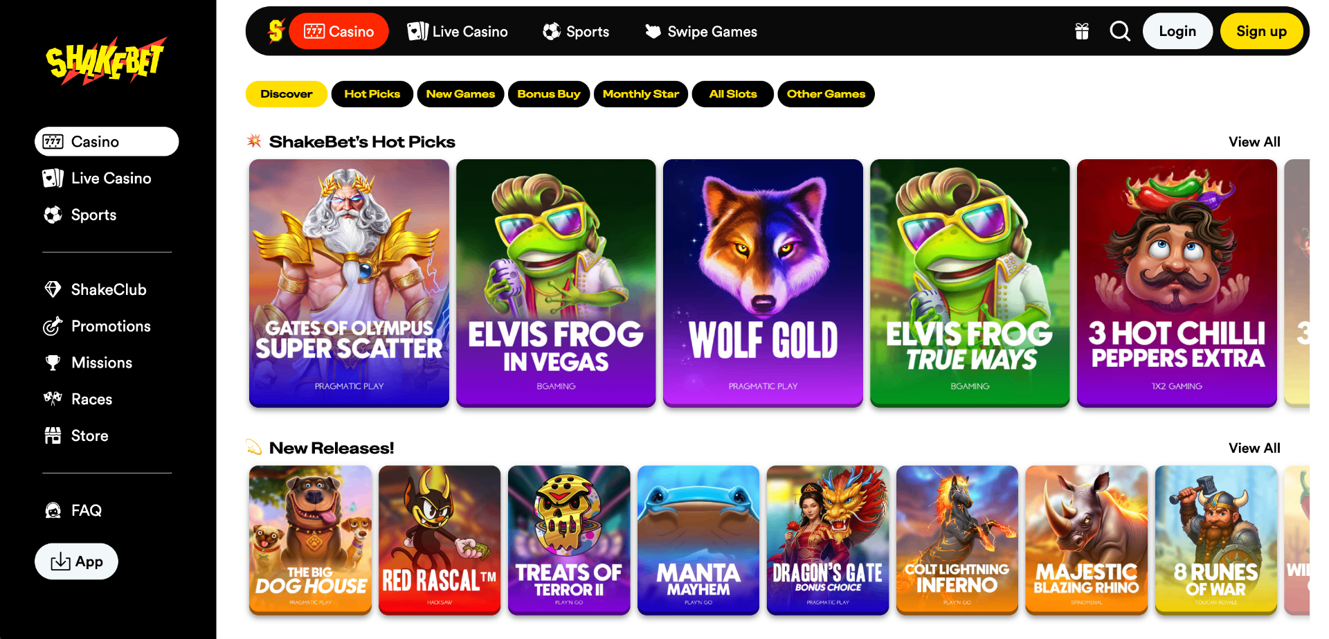 Shakebet casinolobby met Hot Picks en nieuwe slots