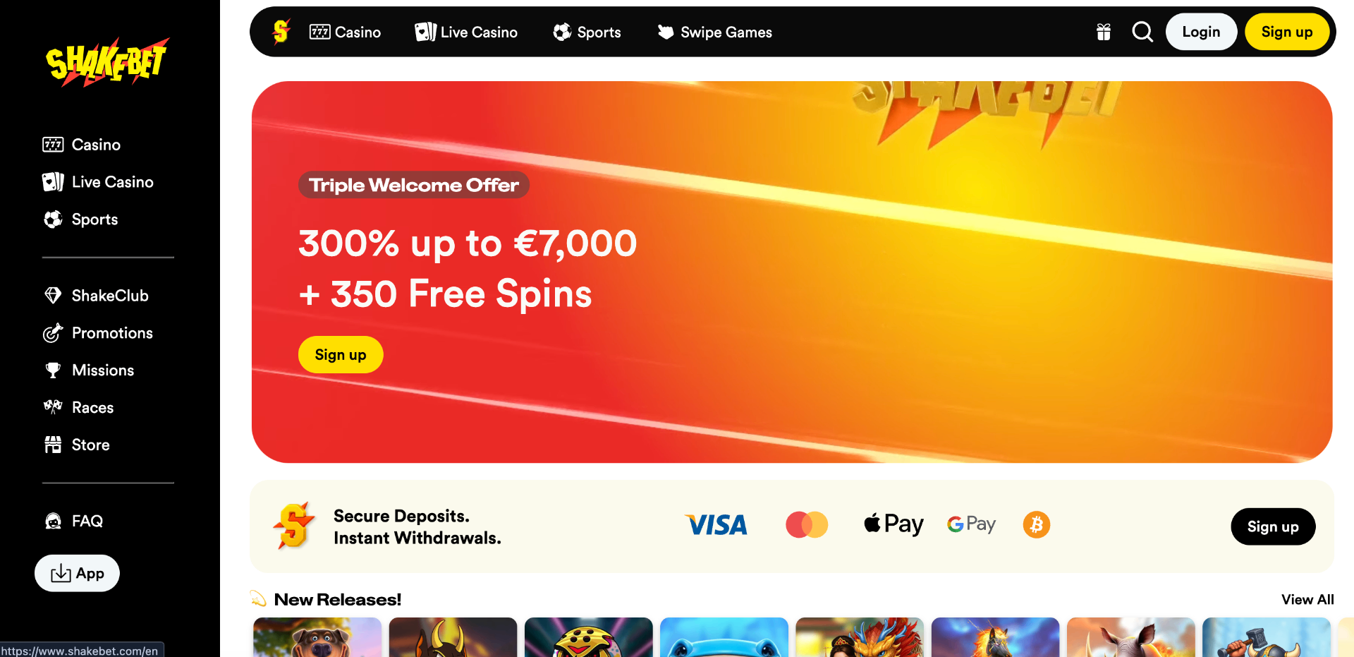 Shakebet homepage met Triple Welcome Offer €7.000 + 350 free spins