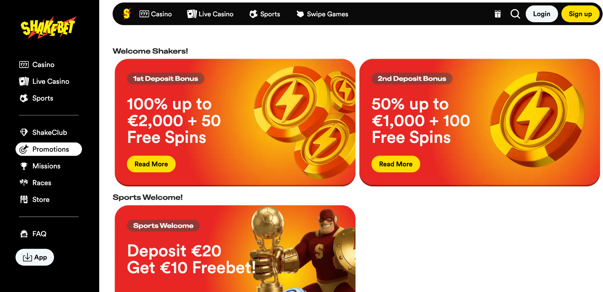 Shakebet promotiepagina met stortingsbonussen en free spins